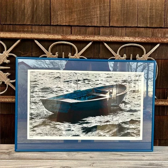 Framed Blue Boat Art Print by Greek Artist Ilkin Deniz. Number 2 of 150. - Picture 1 of 8